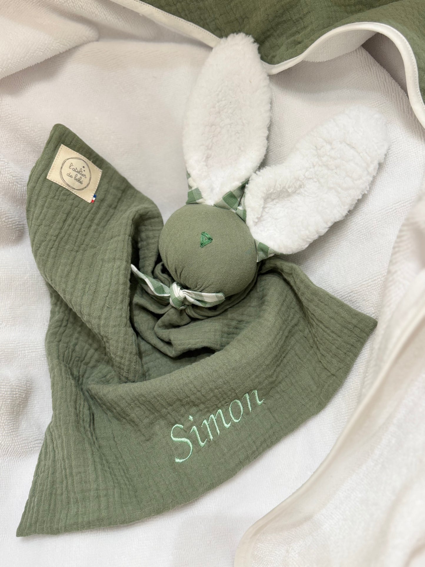 Doudou Lapin vert Vichy -Personnalisable