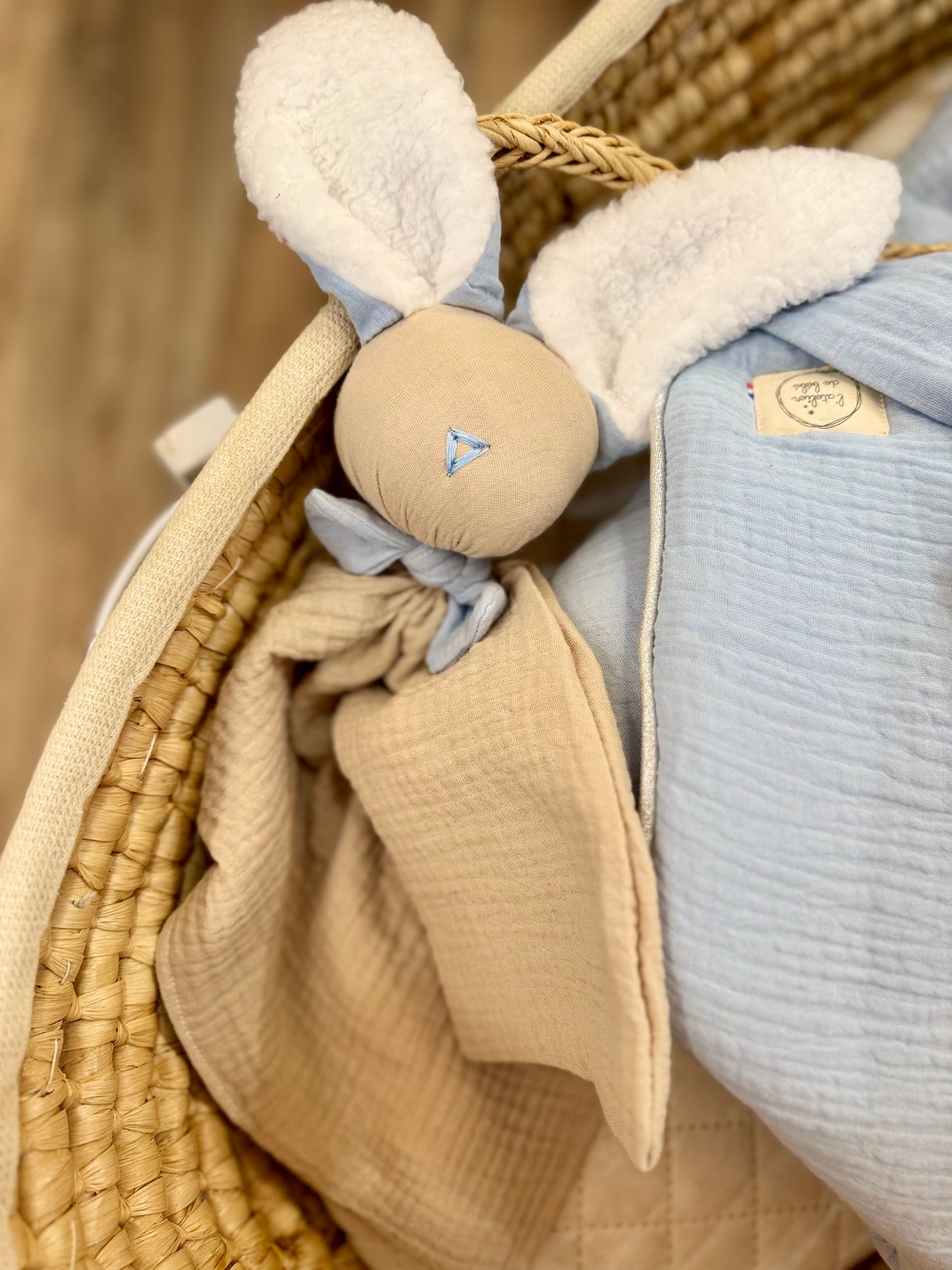 Doudou lapin beige et bleu glacier -Personnalisable