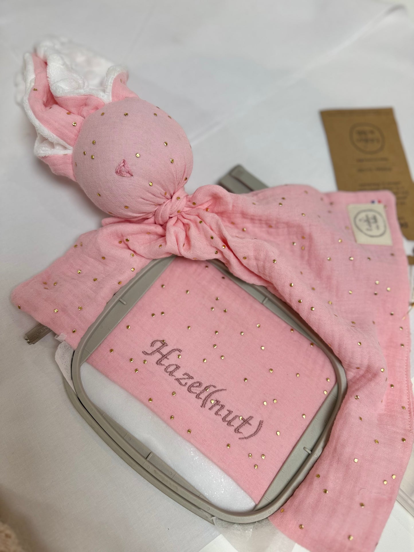 Doudou Lapin rose et or -Personnalisable