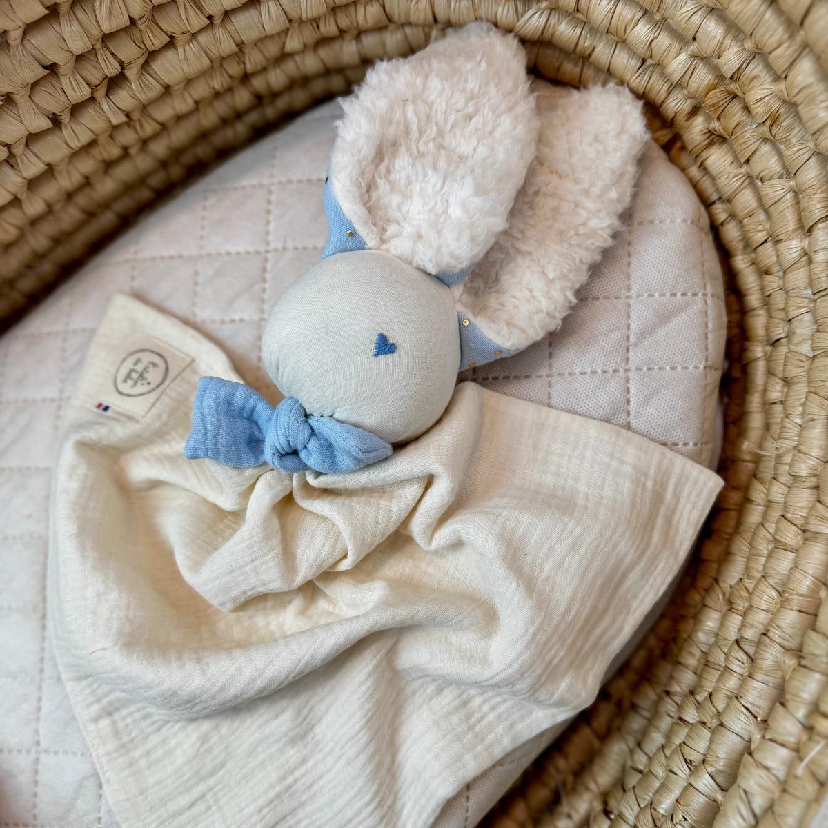 Doudou Lapin écru et bleu ciel -Personnalisable
