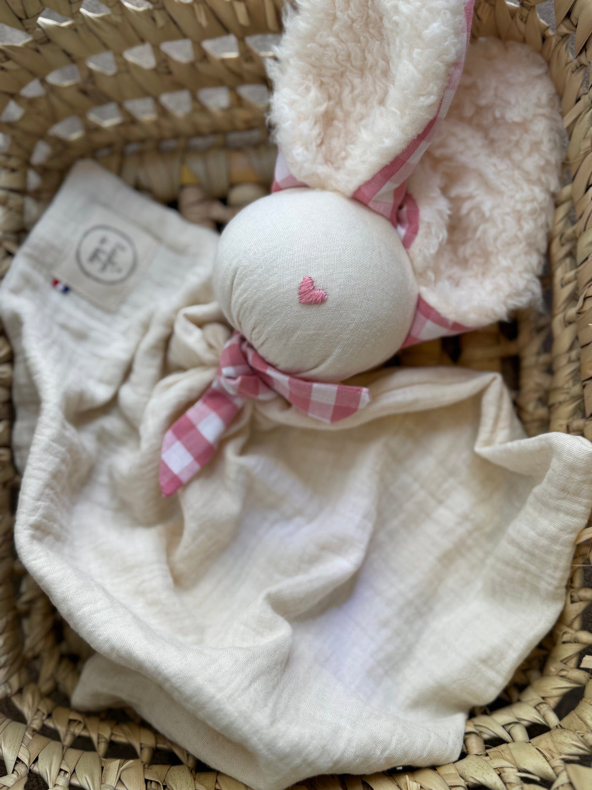 Doudou Lapin écru vichy rose -Personnalisable