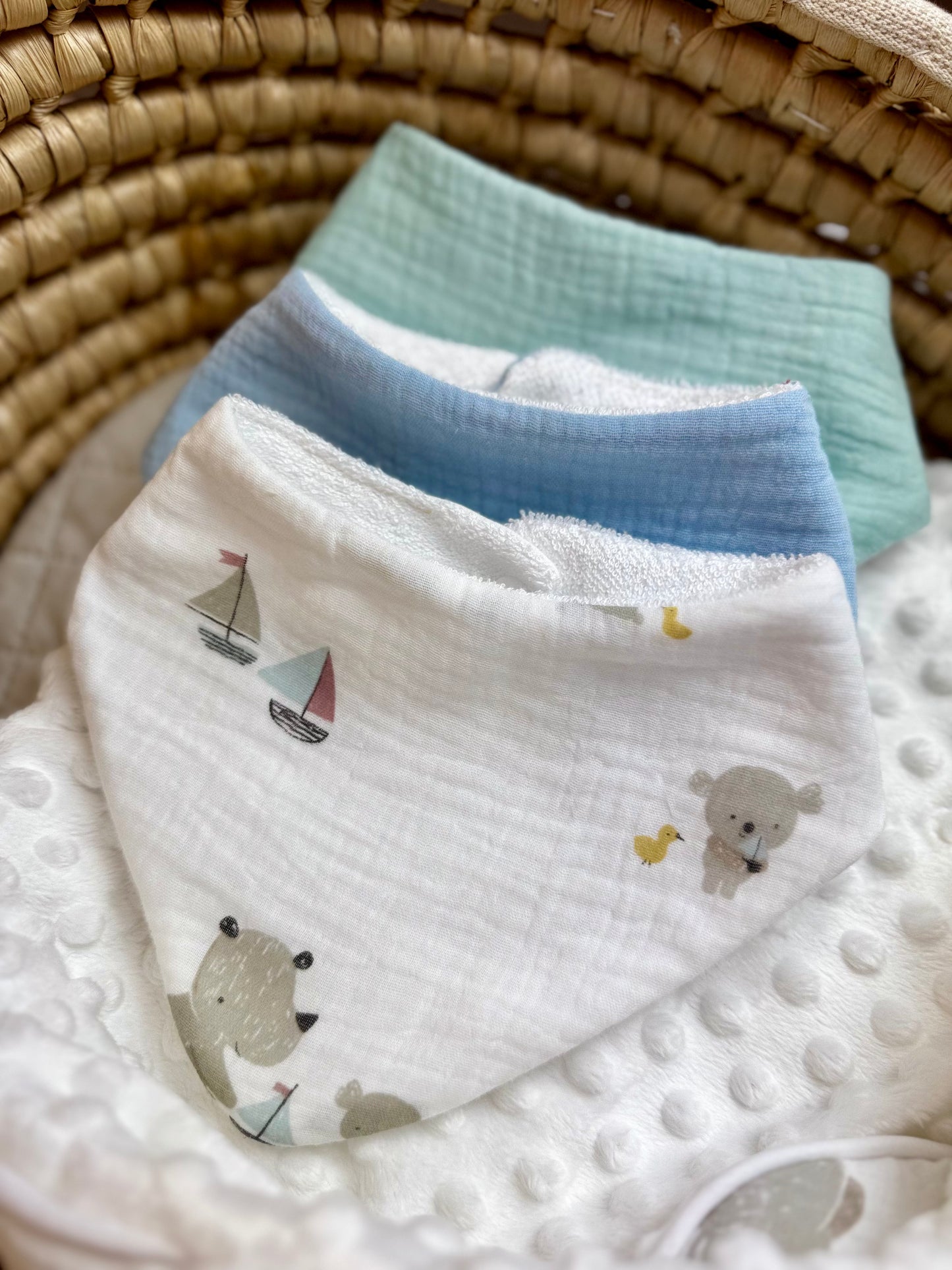 Trio Bavoirs bandana bébé en gaze de coton – Ours & bateaux