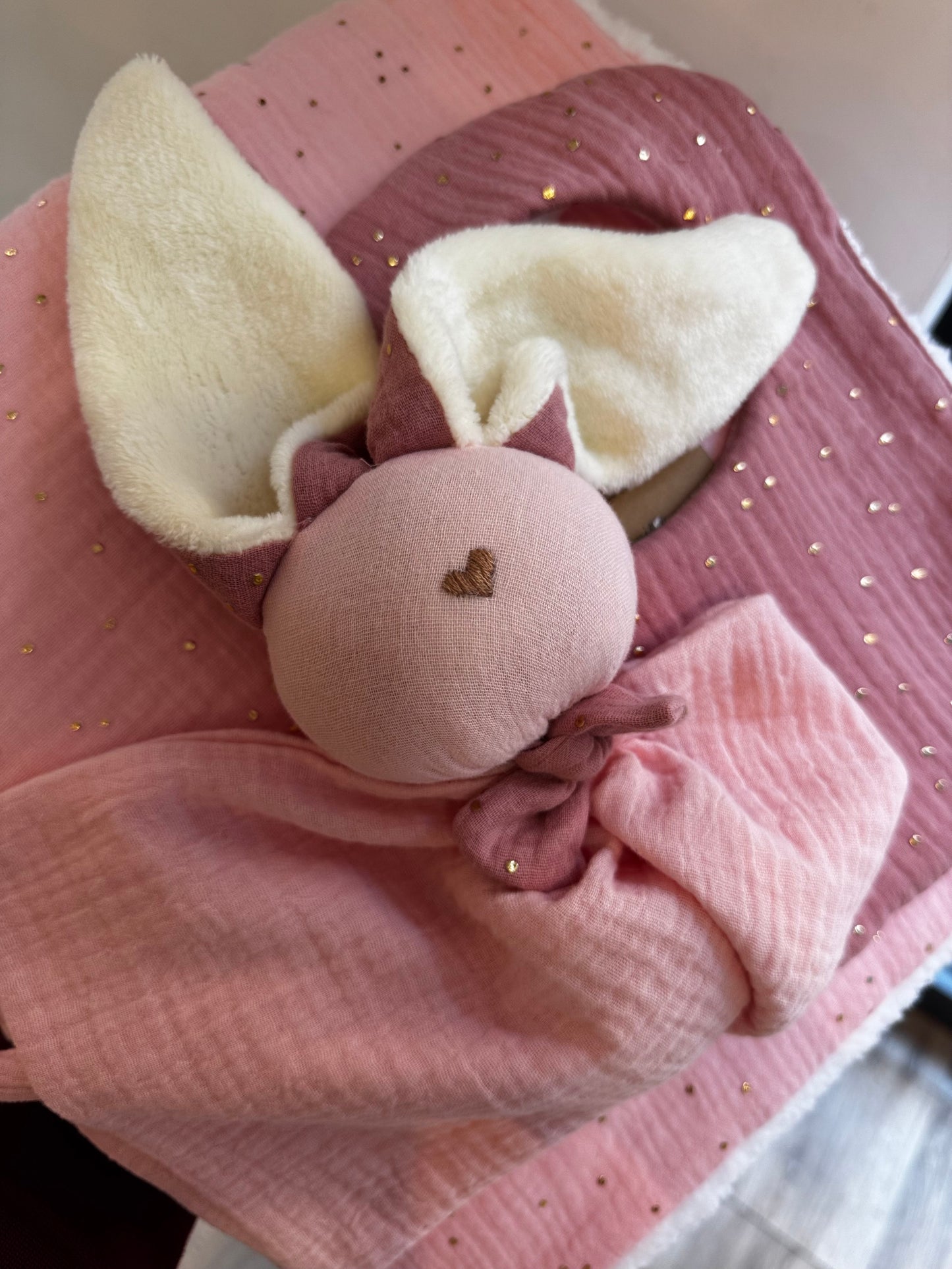 Doudou lapin rose thé -Personnalisable