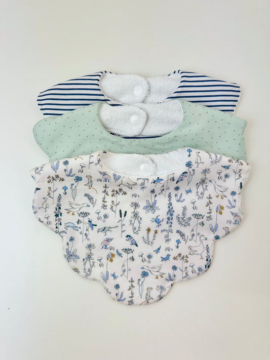 Bavoir fleur trio Liberty oiseau - personnalisable