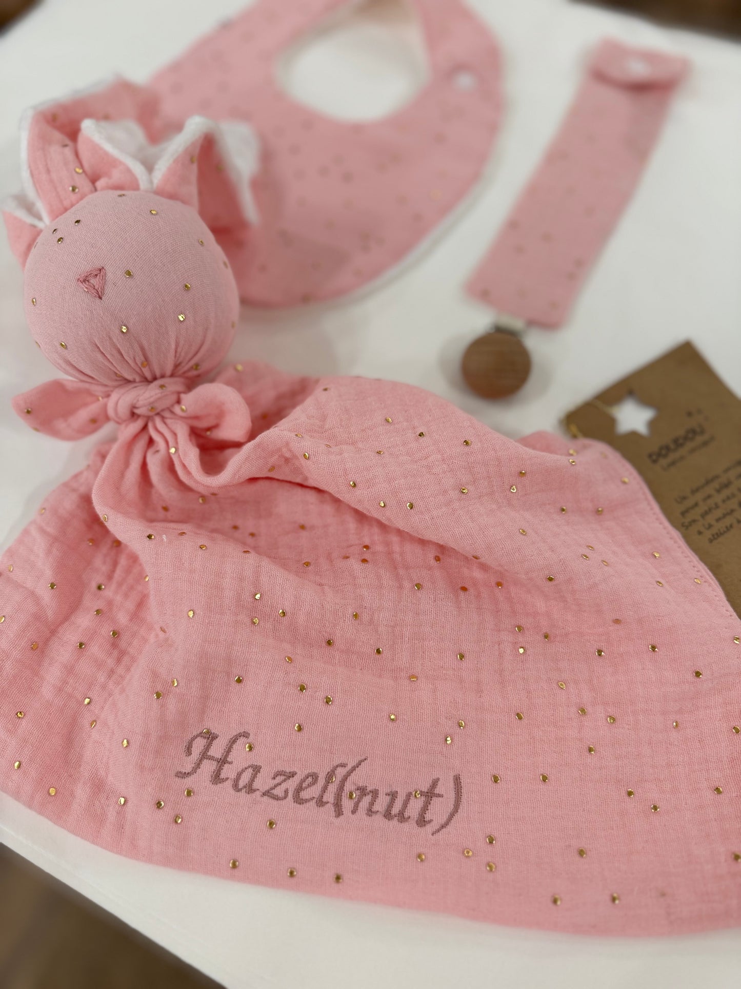 Doudou Lapin rose et or -Personnalisable