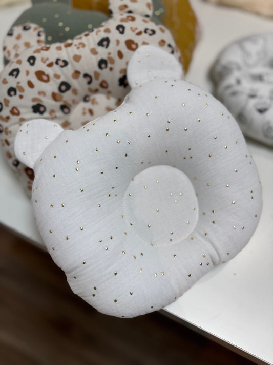 coussin Ourson blanc pois or-anti tête plate