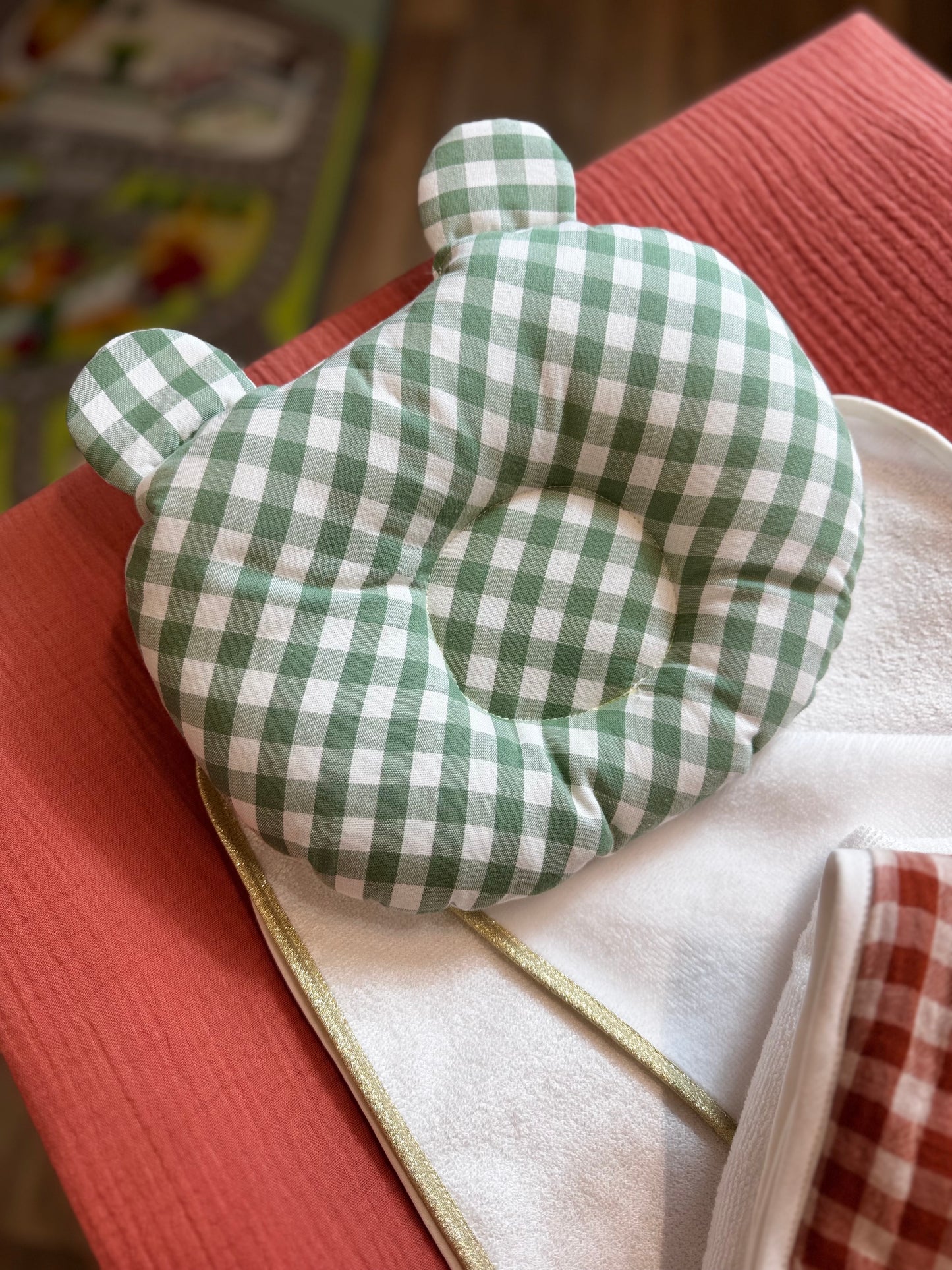 coussin Ourson vert Vichy