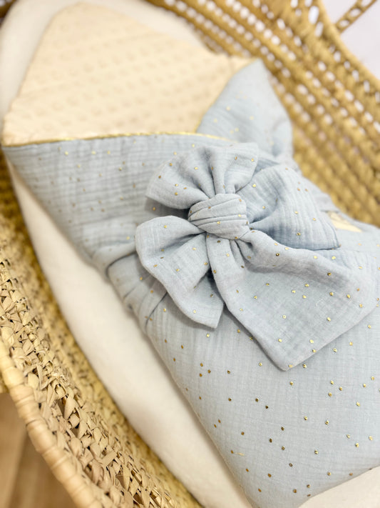 Nid d'ange bébé d'emmaillotage - BLEU CIEL ET OR| Made in France