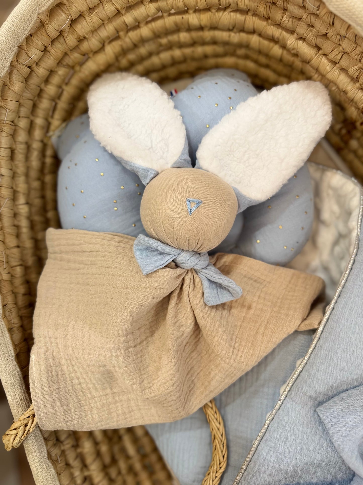 Ensemble bleu glacier et beige   - 1ere couverture de naissance personnalisable+ doudou + coussin