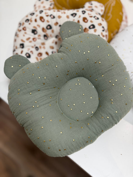 coussin Ourson vert pois or -anti tête plate