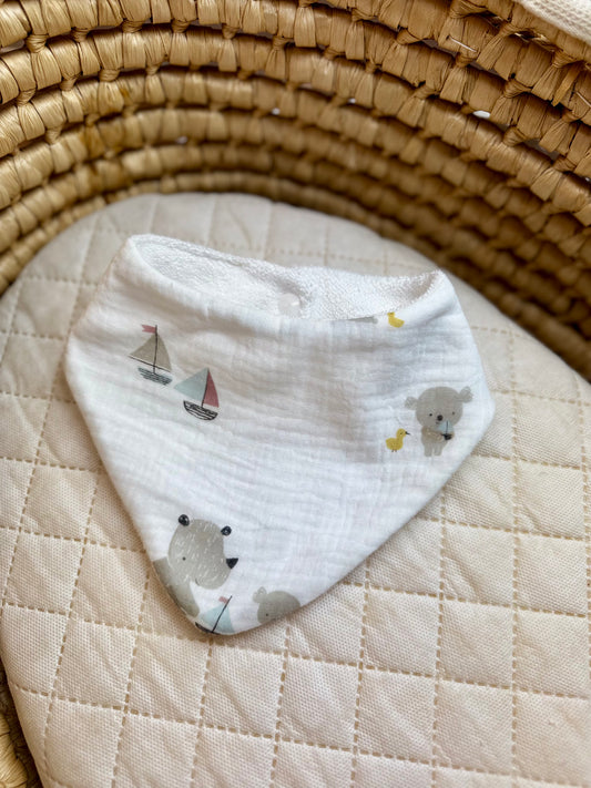 Bavoir bandana bébé en gaze de coton – Ours & bateaux