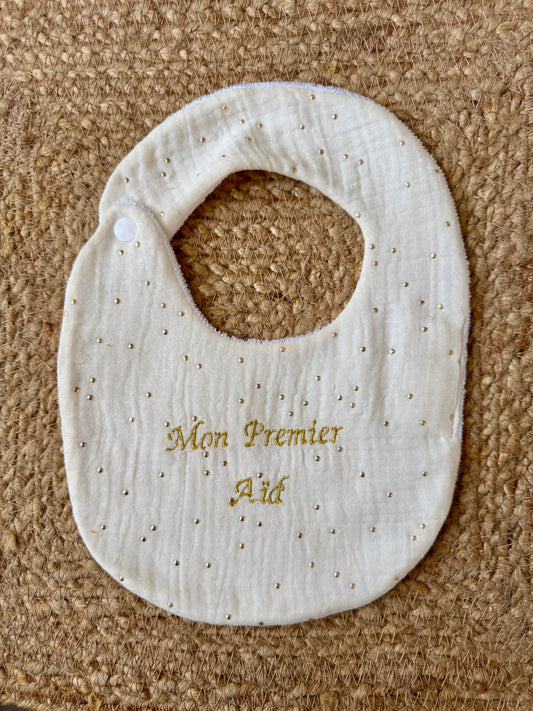 Bavoir écru en gaze de coton avec pois doré et broderie au fil doré : Mon premier Aïd