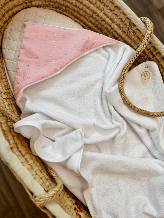 Cape de bain bébé personnalisée en éponge de bambou et gaze de coton-Rose et Or – Fabrication française