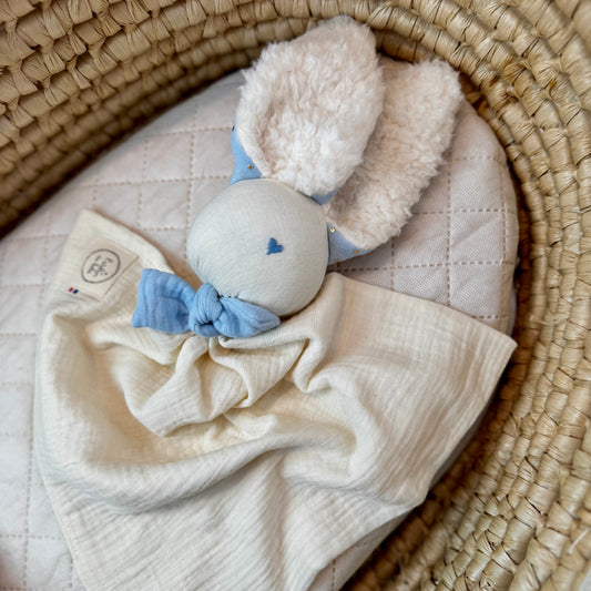 Doudou Lapin écru et bleu ciel  -Personnalisable