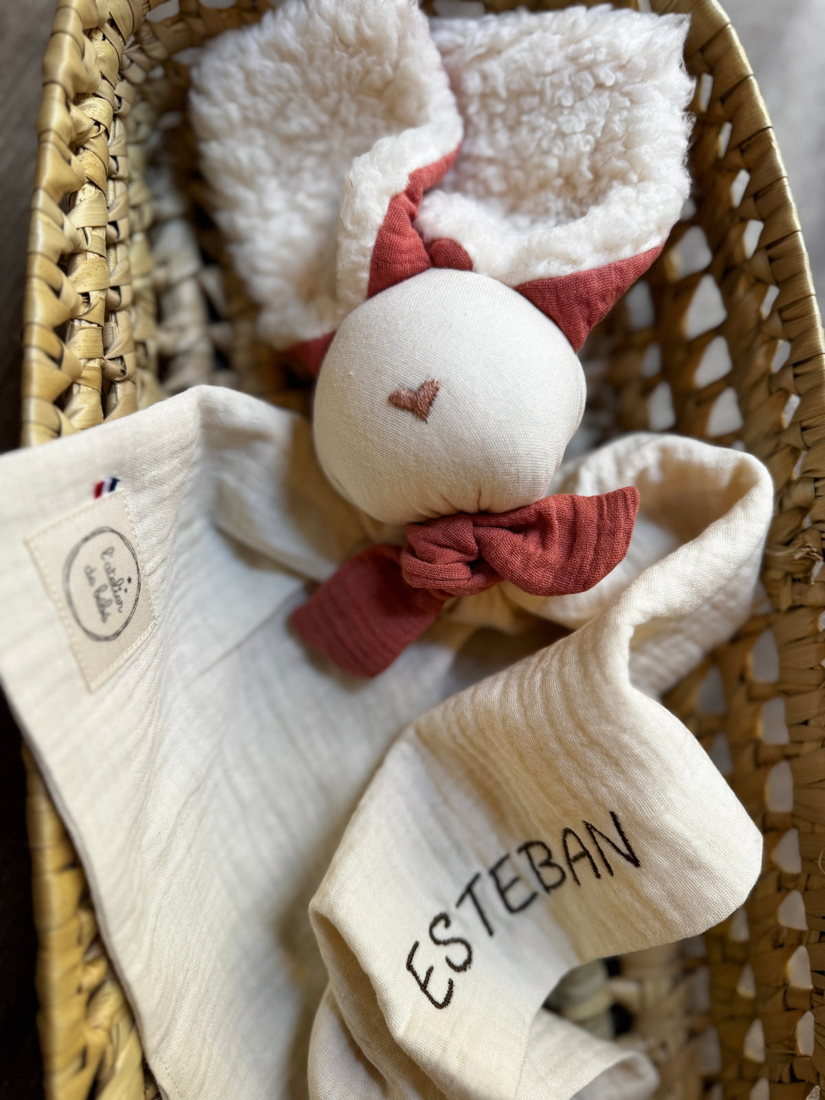 Doudou Lapin écru et cacao - Personnalisable
