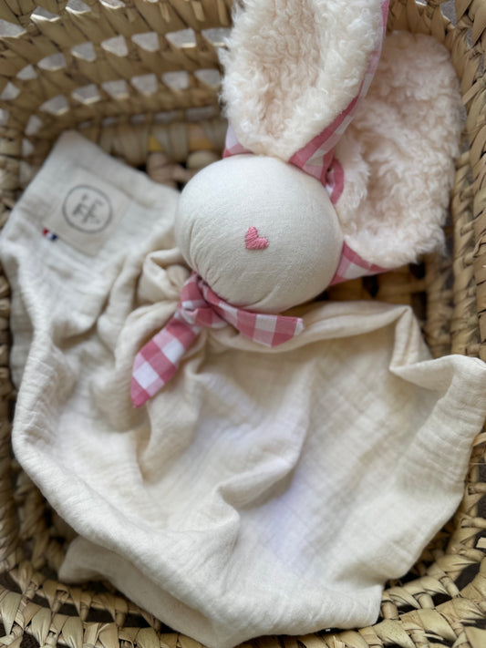 Doudou Lapin écru vichy rose  -Personnalisable