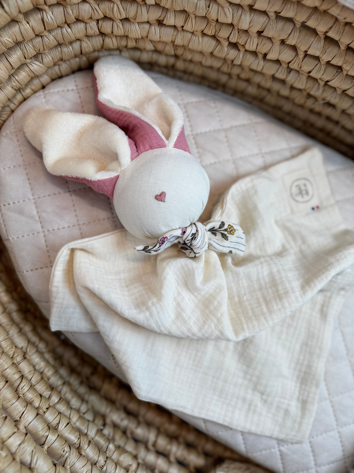 Doudou Lapin écru Zohra rose -Personnalisable