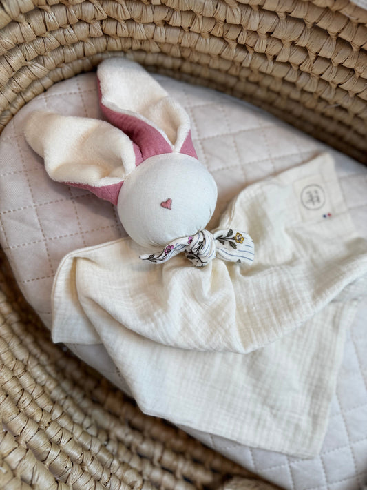 Doudou Lapin écru Zohra rose -Personnalisable
