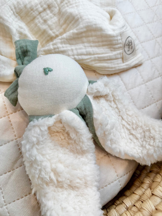 Doudou Lapin écru et vert sauge - Personnalisable