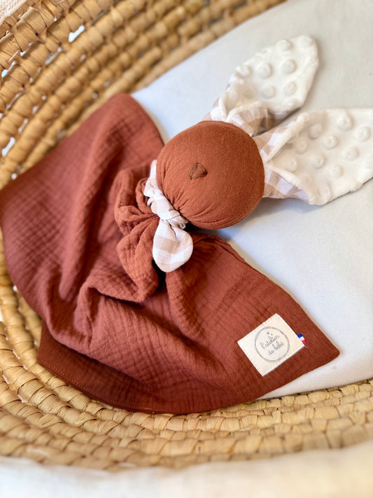Doudou lapin chocolat et Vichy -Personnalisable
