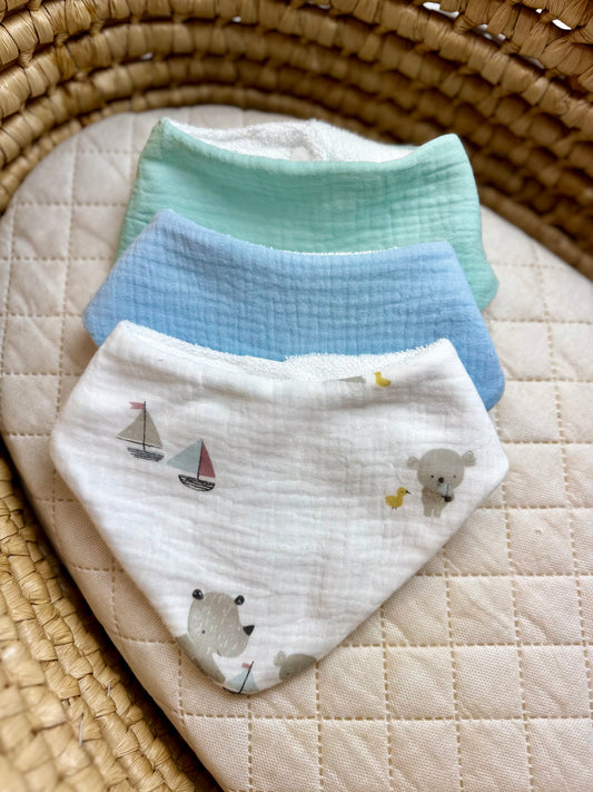 Trio Bavoirs bandana bébé en gaze de coton – Ours & bateaux